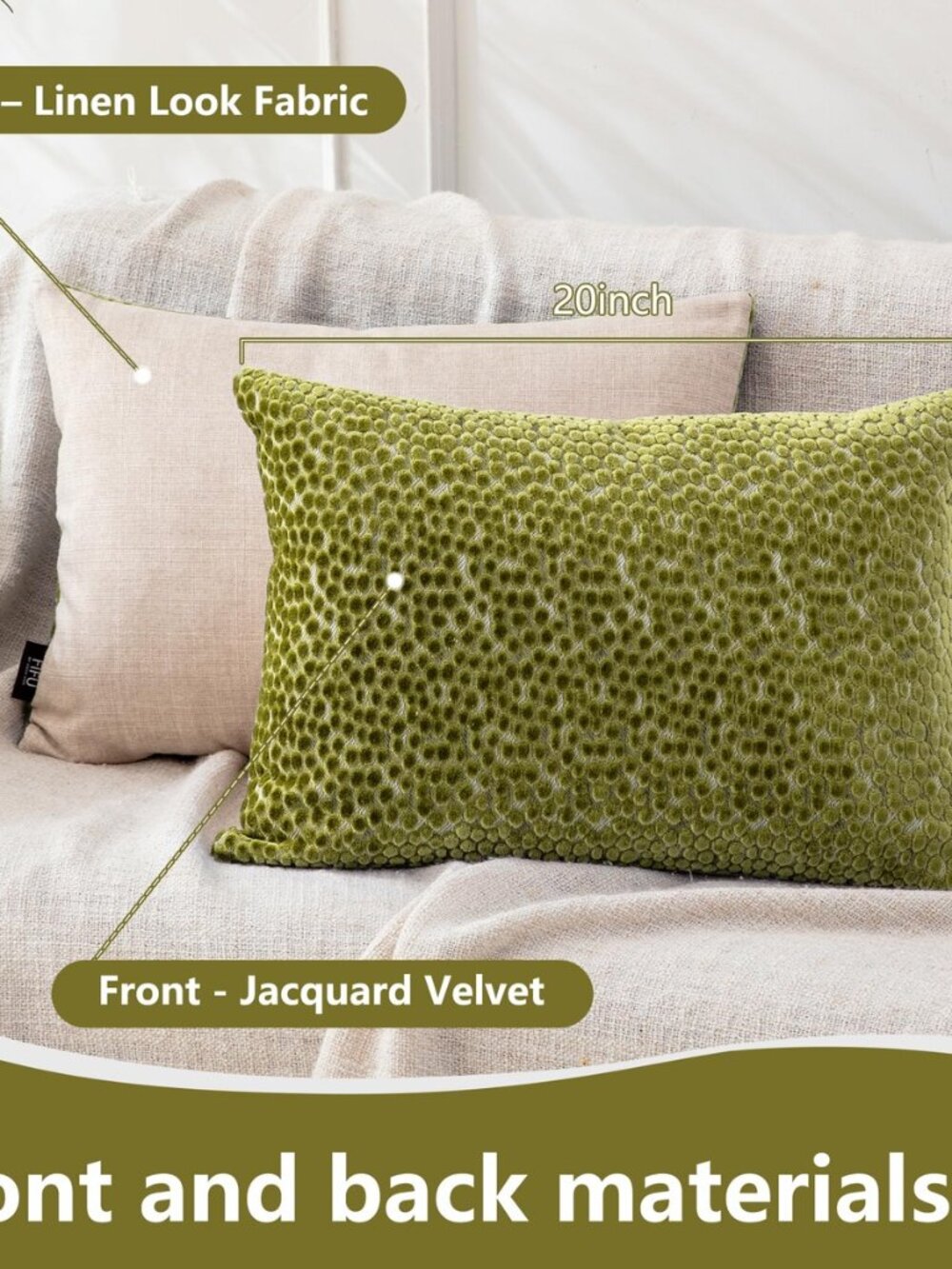 Lumbar Pillow Covers 12x20 Inch Set of 2, Jacquard Velvet, Olive Green - Picture 3 of 8